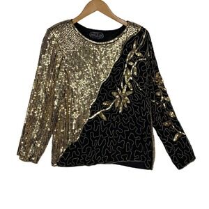 Vintage 80s Jean for Joseph Le Bon Gold and Black Sequin Floral Beaded Top Small